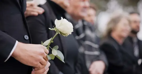hand holding a rose at a cemetery